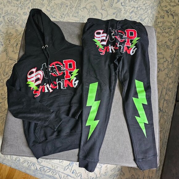 SHHH Men's Black Stop Snitching Pullover Hoodie & Joggers Trousers Size small - Picture 3 of 12